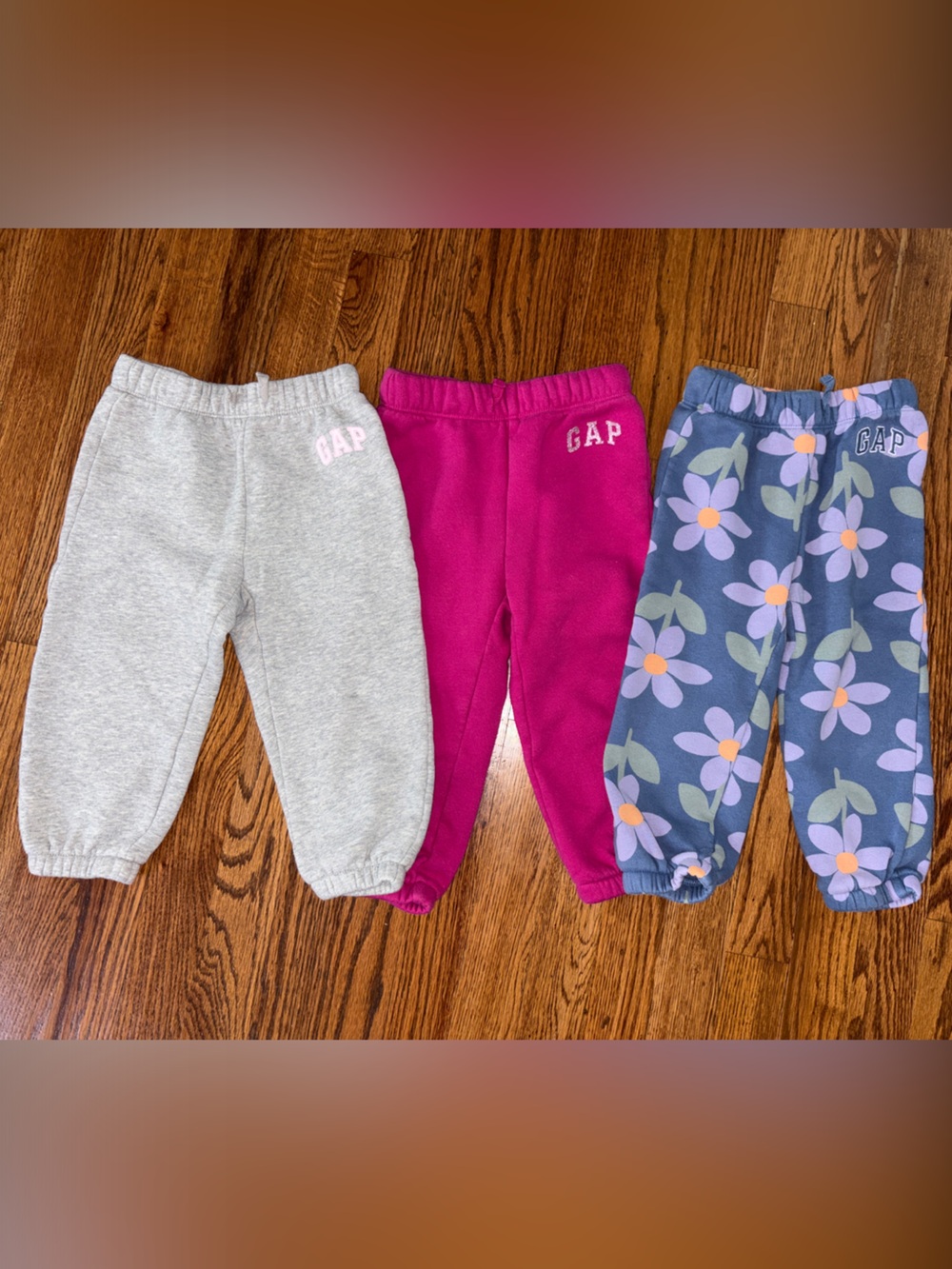 GAP Kids Sweatpants Trio - Light Gray, Bright Pink & Blue Floral 2T